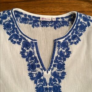 SEVYA handmade  White Tunic with Blue Embroidery size M